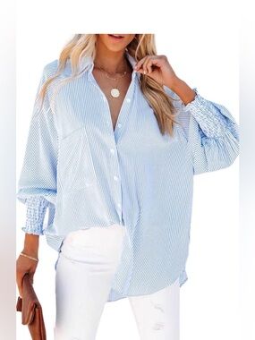 Yellow and White Striped Button-Down Shirt with Smocked Cuffs